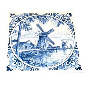 Vintage Signed Delft Hand Painted Windmill Scene Porcelain Tile W/ Cotton Hook